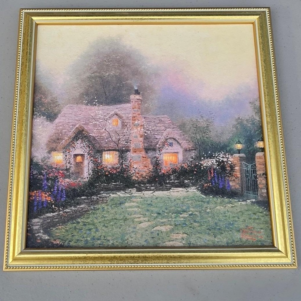 Thomas Kinkade Evening at Merritt's Cottage Framed Textured Art Print 14x14 Gold